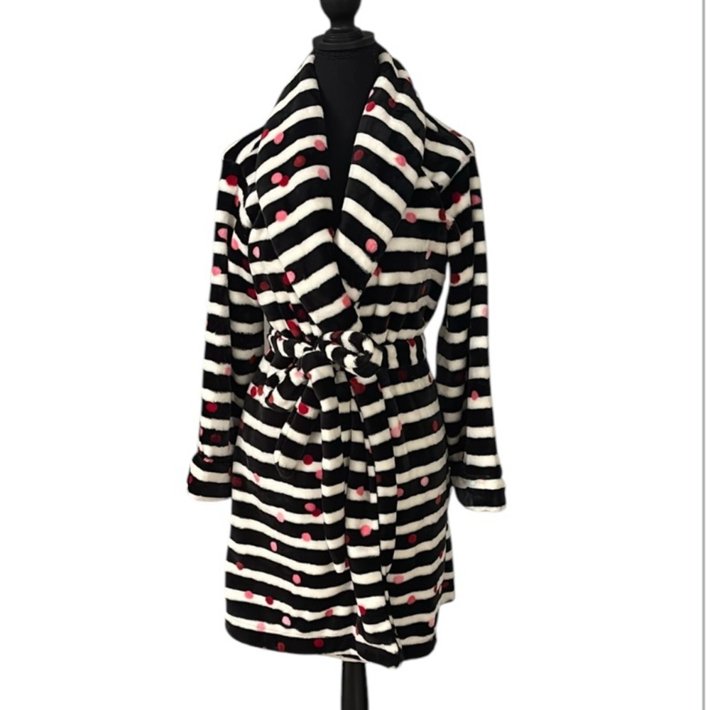 NWT Kate Spade Short Robe Black and White Striped with Pink and Red Accents